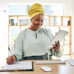 Image showing Tablet, checklist and business woman for marketing budget, report writing and online sales review in office. Professional, african person with paperwork and digital technology for project schedule