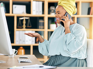 Image showing Phone call, computer and business woman in office communication, HR networking and advice, information or help. Human resources worker or african person with questions, FAQ and mobile chat on desktop