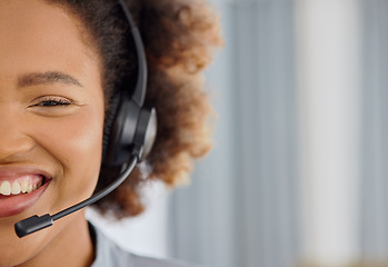 Image showing Call center, smile and portrait of woman with mockup in office, sales and telemarketing in headset. Crm consulting, networking and happy face of virtual assistant, customer service agent or advisor.