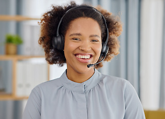 Image showing Call center, smile and portrait of woman in office, sales and telemarketing in headset at help desk. Consulting, networking and happy face of virtual assistant, customer service agent or care advisor