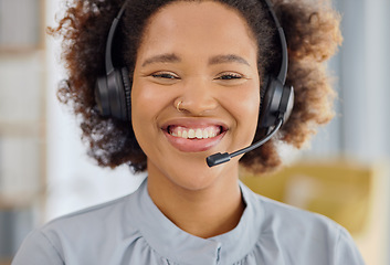 Image showing Call center, crm and portrait of happy woman in office, sales and telemarketing in headset at help desk. Consulting, networking and happy face of virtual assistant, customer service agent or advisor