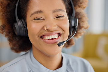 Image showing Call center, crm and portrait of happy woman at help desk office, sales and telemarketing in headset. Consulting, communication and face of virtual assistant, customer service agent or care advisor.