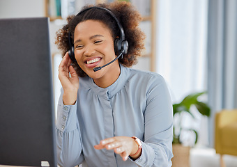 Image showing Call center, conversation and happy woman in office, sales and telemarketing with headset at help desk. Crm consulting, networking and face of virtual assistant, customer service agent or advisor.