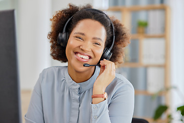 Image showing Call center, crm and happy woman at help desk office, sales and telemarketing with headset for talking. Consulting, communication and face of virtual assistant, customer service agent or care advisor