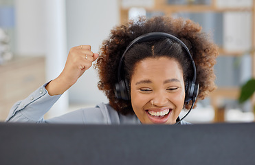 Image showing Fist, celebration and call center success for black woman in office consulting for crm, about us or customer service with good news. Telemarketing, sale and happy female consultant excited for target