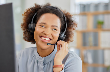 Image showing Call center, conversation and happy woman at help desk for advice, sales and telemarketing in headset. Consulting, communication and face of virtual assistant, customer service agent or crm advisor.