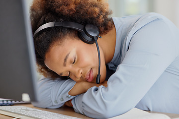 Image showing Crm, business woman and sleeping with telemarketing worker at desk with office burnout. Customer support, consulting company and tired employee with nap at work from online and digital agent job