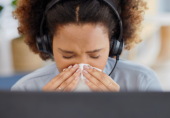 Image showing Call center, flu and sick woman blowing nose while consulting for contact us, crm or customer support. Telemarketing, cold and lady consultant with burnout, bacteria or viral infection while working