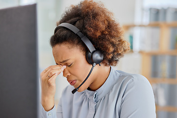 Image showing Customer support, call center and woman with headache in office with tension, stress and pain. Telemarketing, business and overworked female person with burnout, strain and injury for crm service