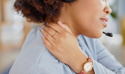 Image showing Customer support, call center and woman with neck pain in office with tension, stress and body ache. Telemarketing, crm service and hands of overworked female person with burnout, strain and injury