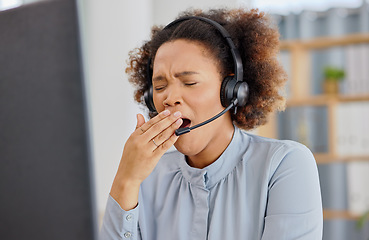 Image showing Customer support, call center and woman yawn, tired in office with exhausted, stress and fatigue. Telemarketing, crm service and overworked female person with burnout for consulting business at desk