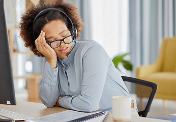 Image showing Crm, business woman and sleeping with contact us telemarketing worker at desk with burnout. Customer support, consulting company and tired employee with nap at work from online and digital agent job