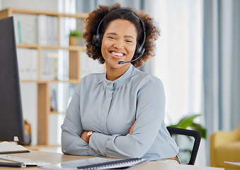 Image showing Callcenter, portrait and happy woman at help desk for advice, sales and telemarketing in headset. Consulting, communication and face of virtual assistant, customer service agent or crm phone call.