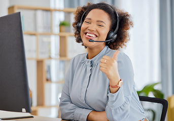 Image showing Callcenter, portrait and happy woman at help desk with thumbs up for advice, sales and telemarketing in headset. Consulting, communication and face of virtual assistant, customer service agent or crm