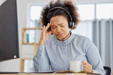 Image showing Customer support, call center and woman with crisis in office with tension, stress and headache. Telemarketing, crm service and overworked female person with burnout, frustrated and exhausted at desk