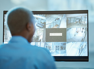 Image showing Security guard, safety and person in control room with computer screen for surveillance. Behind a worker at a cctv monitor for crime investigation, dashboard and camera footage at private property