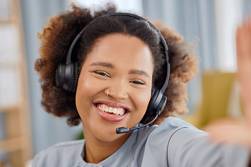 Image showing Callcenter, selfie and happy woman at help desk for advice, sales and telemarketing care in headset. Consulting, communication and face of virtual assistant, customer service agent or crm phone call.