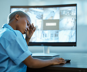 Image showing Black woman, police and headache for security surveillance in burnout, stress or overworked at office. Frustrated African female person or officer with bad head pain, anxiety or mistake at workplace