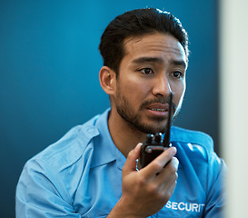 Image showing Man, walkie talkie and a security guard or safety officer in office with communication. Face of an alert and worried person with a radio to report crime for investigation, backup or surveillance