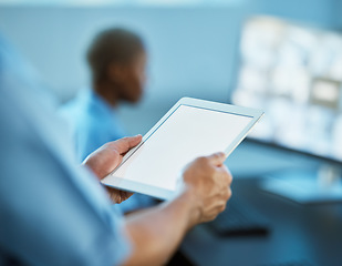 Image showing Man, hands and tablet mockup for security surveillance, search or area inspection at the office. Closeup of male person, guard or police officer with technology display for safety protection app