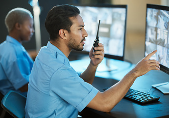 Image showing Control room, safety and security guard with a radio and computer screen for surveillance. Man and woman team together for crime investigation, cctv monitor and communication with a walkie talkie