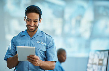 Image showing Happy asian man, security guard and tablet for surveillance, research or browsing at the office. Male person, police or officer smile on technology for social media, networking or communication