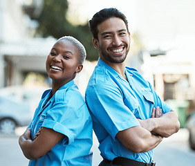 Image showing People, portrait and security guard smile with arms crossed in city for career safety or outdoor protection. Happy man and woman police officer in confidence, law enforcement or patrol in urban town