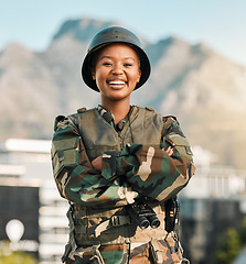 Image showing Military, portrait and happy black woman with arms crossed in city for power, confident or smile outdoor. War, security and face of lady warrior proud, hero and ready for army, protection or training