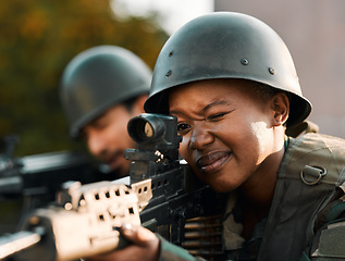 Image showing Army, people and gun for training, defense or power on rooftop for aim, shooting or practice. Military, weapon and black woman with man soldier and sniper rifle for war, target or protection team