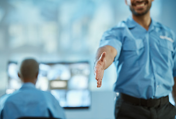 Image showing Man, police and handshake for meeting, security or partnership together in team surveillance at office. Male person, officer or guard shaking hands for greeting, introduction or protect and serve