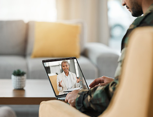 Image showing Video call, therapist and mental health support for military, veteran or soldier in therapy, consultation and talking about trauma or war conflict. Computer, screen or meeting with psychologist