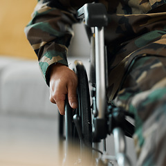 Image showing Man, hands and wheelchair in army from accident, war injury or healthcare support at hospital. Closeup of soldier or person with a disability holding wheel in commitment for recovery or physiotherapy