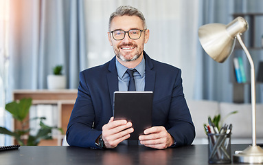 Image showing Professional man, glasses and tablet in portrait at a desk for success at office with financial manager. Leader, nerd and face with technology at table with positive expression for business at work.