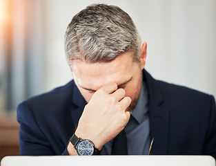 Image showing Business man, stress and headache for burnout, debt and mistake of stock market crash. Face of corporate male worker, manager and anxiety for bankruptcy problem, doubt and fail for frustrated crisis