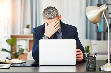 Image showing Business man, headache and laptop with stress, report and pain at desk, mental health and financial agency. Mature CEO, boss or leader with computer, emergency and burnout with anxiety for 404 glitch