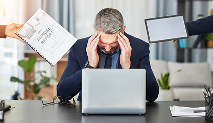 Image showing Business man, headache and busy office with report, documents and blank tablet with mockup space. Mature CEO, boss or leader with staff hands, paperwork and laptop for audit, accounting and burnout