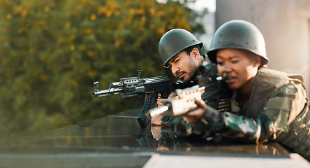 Image showing Military, people and gun for training, defense or power on rooftop for aim, shooting or practice. Army, weapon and black woman with man soldier and sniper rifle for war, target or protection team