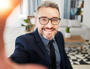 Image showing Selfie, smile and business man in office for profile picture, photo or relax on break. Portrait, happy and guy ceo influencer pose for podcast, blog or social media post at work with content creation