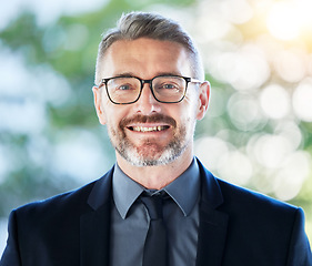 Image showing Face, senior ceo and happy man outdoor for business, entrepreneurship or corporate professional with financial career. Portrait, mature and manager, accountant or executive smile with glasses bokeh