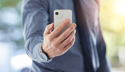 Image showing Business man, hands and search phone with social network, mobile website and internet contact. Closeup, entrepreneur and worker with smartphone, reading corporate news app and typing information