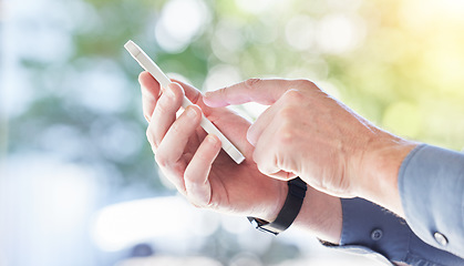 Image showing Business man, hands and typing with phone for social network, digital website and internet contact. Closeup of worker scroll on smartphone, reading corporate news app and download mobile information