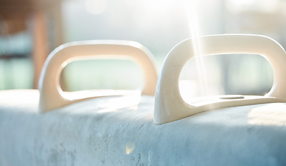 Image showing Closeup of gymnastics horse in gym for fitness, exercise equipment and training with grip. Background, handle and sports beam for strength, balance and workout in gymnast studio, club and performance