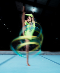 Image showing Gymnastics, sports and woman with ribbon dance for rhythmic movement, training and exercise in gym. Creative performance, aerobics and portrait of female dancer for competition, workout and dancing