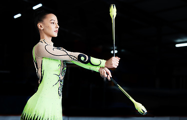 Image showing Sports, gymnastics and woman with clubs for performance, rhythmic body movement and training. Aerobics exercise, health and female dancer with equipment for competition, workout and dance practice