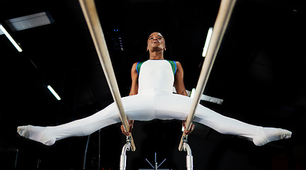 Image showing Gymnastics, bars and man at gym for fitness, workout and body, performance or training. Balance, exercise and guy acrobat at sports studio for athletics, resilience and cardio, beams or endurance