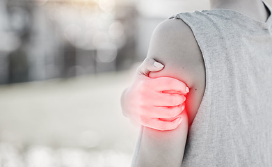 Image showing Arm pain, person and closeup, fitness injury and overlay with mockup space, muscle inflammation and accident. Exercise, health problem and osteoporosis, red glow and sore from workout with anatomy