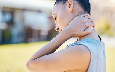 Image showing Fitness, sports and woman with neck pain or training injury, running or cardio problem and muscle risk. Health, exercise and back, spine or shoulder, arthritis or joint fatigue, tiered from workout