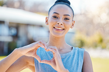 Image showing Heart, hands and fitness portrait by woman outdoor for training, exercise or morning routine. Cardio, health and face of female runner with emoji shape, workout and self love motivation while running