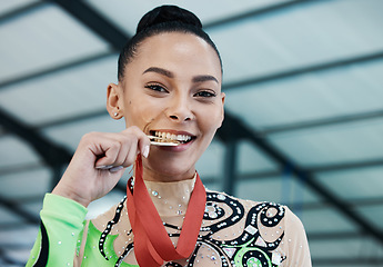 Image showing Medal, winner and portrait of woman with success in competition, gymnastics or gold, award and prize from achievement in tournament. Winning, athlete and celebration on podium in stadium or arena