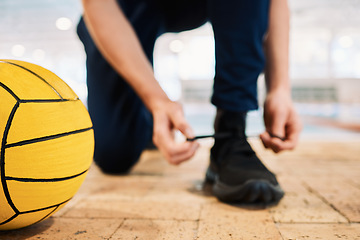 Image showing Shoes, tie and a man water polo trainer by a swimming pool in preparation of water sports exercise in a gym. Fitness, workout and sports with a coach getting ready for training in a health center